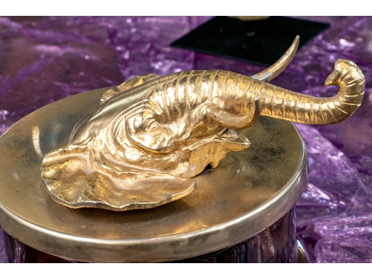 Brass And Faux Tortoise Shell Glass Box With Elephant Head Handle