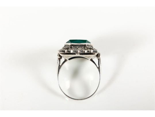 Sterling Silver Green Onyx And Marcasite Ring (Size 6)