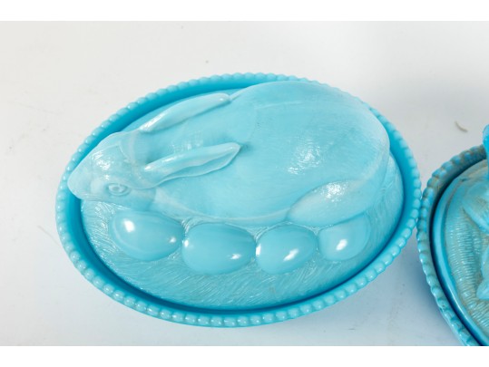 Vintage Nesting Eagle & Rabbit Blue Milk Glass Dishes