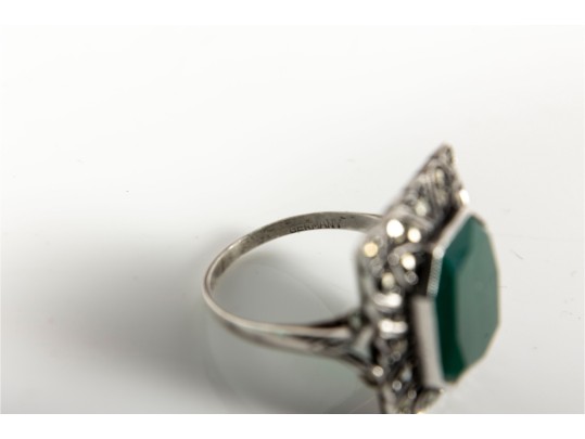 Sterling Silver Green Onyx And Marcasite Ring (Size 6)