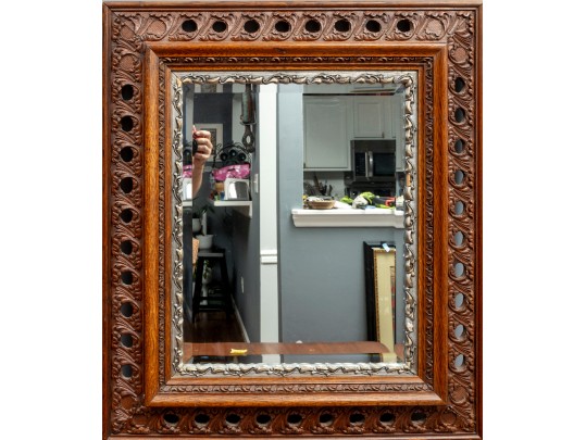 Ornate Chestnut Beveled Glass Wall Mirror