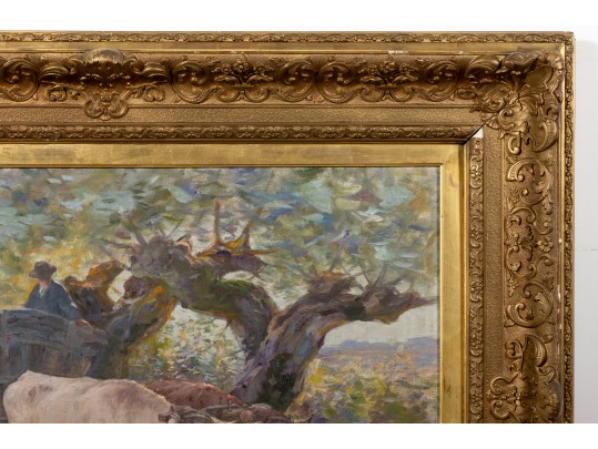 Henry Singlewood Bisbing (American, 1849 - 1933) Ox Cart Landscape Original Oil Painting C. 1880