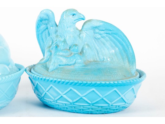 Vintage Nesting Eagle & Rabbit Blue Milk Glass Dishes