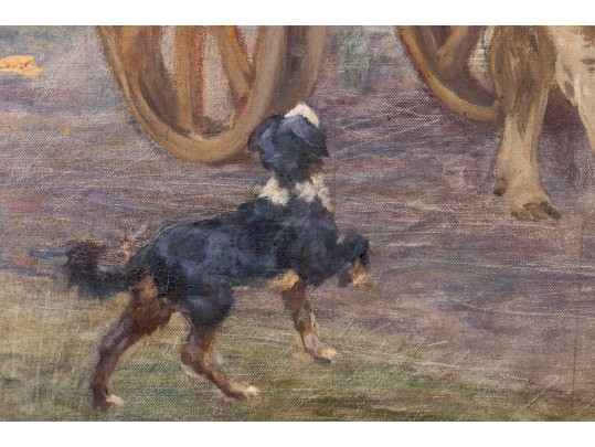 Henry Singlewood Bisbing (American, 1849 - 1933) Ox Cart Landscape Original Oil Painting C. 1880