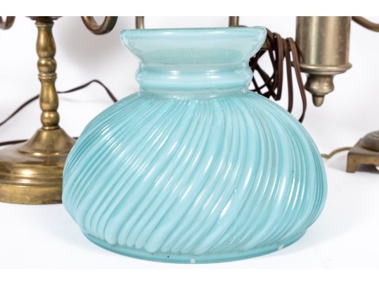 Vintage Electric Student Lamps, One With A Blue Glass Shade