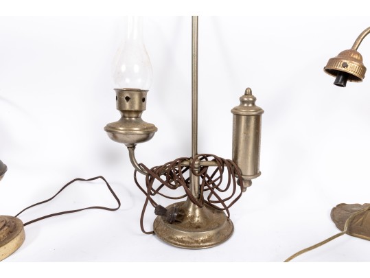 Vintage Electric Student Lamps, One With A Blue Glass Shade