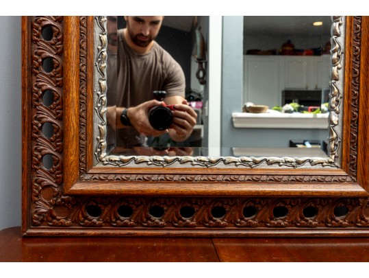 Ornate Chestnut Beveled Glass Wall Mirror