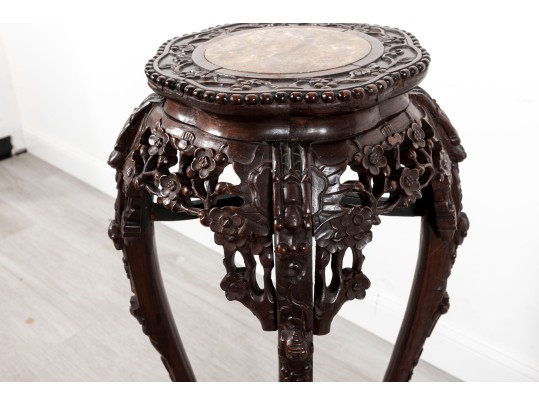 Tall 19th Century Chinese Carved Rosewood & Marble Plant Stand
