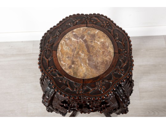 Tall 19th Century Chinese Carved Rosewood & Marble Plant Stand