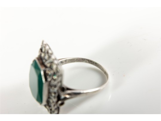Sterling Silver Green Onyx And Marcasite Ring (Size 6)