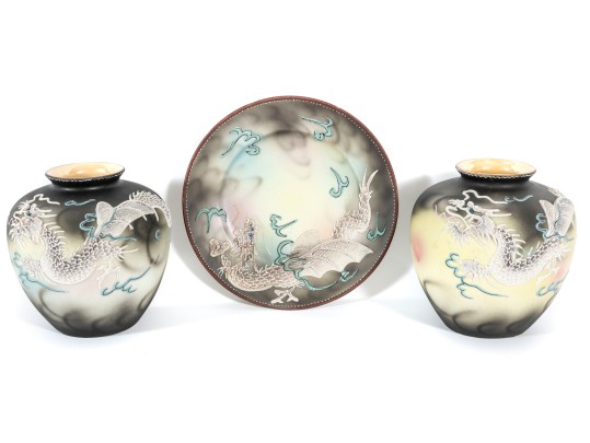 Three Pieces Of Vintage Dragon Ware Pottery