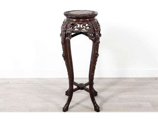Tall 19th Century Chinese Carved Rosewood & Marble Plant Stand
