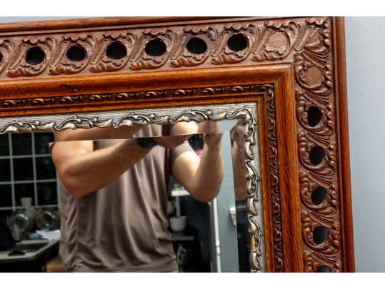Ornate Chestnut Beveled Glass Wall Mirror