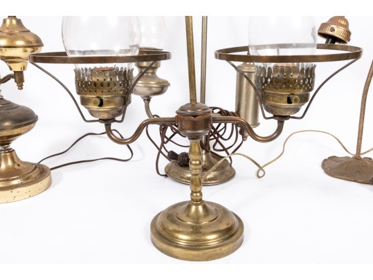 Vintage Electric Student Lamps, One With A Blue Glass Shade