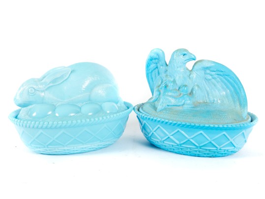Vintage Nesting Eagle & Rabbit Blue Milk Glass Dishes