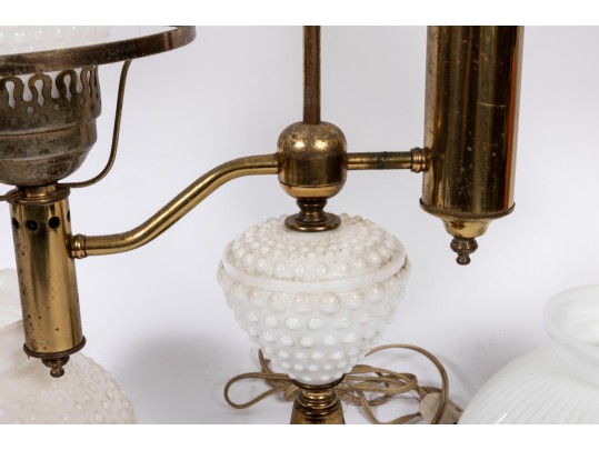 White Hobnail Depression Glass Student Lamp And Shades