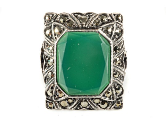 Sterling Silver Green Onyx And Marcasite Ring (Size 6)