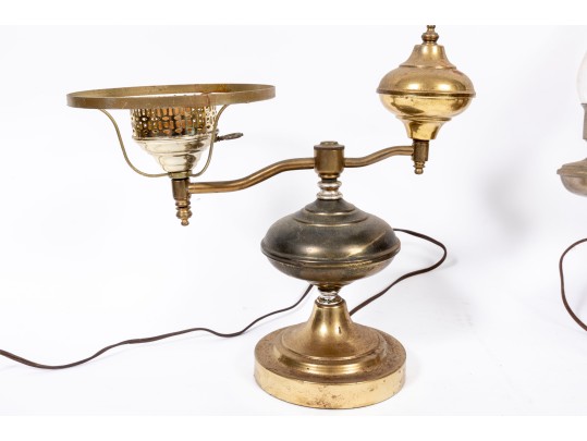 Vintage Electric Student Lamps, One With A Blue Glass Shade