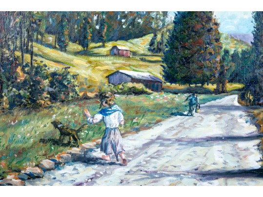 Antique Untitled Oil On Canvas Landscape Painting