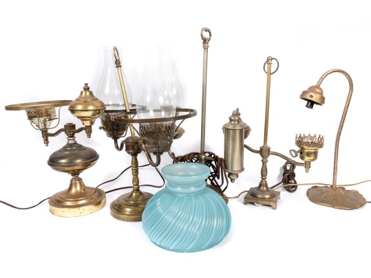 Vintage Electric Student Lamps, One With A Blue Glass Shade