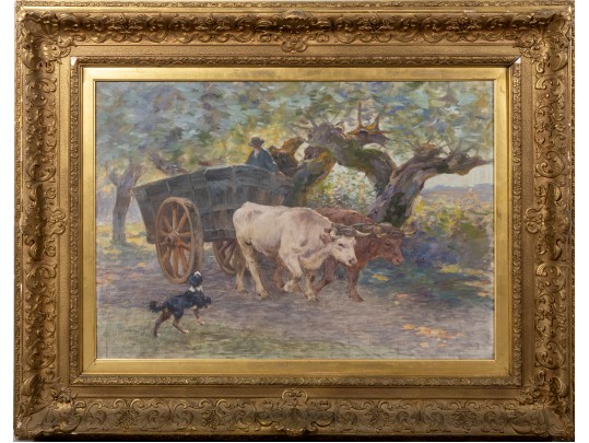 Henry Singlewood Bisbing (American, 1849 - 1933) Ox Cart Landscape Original Oil Painting C. 1880