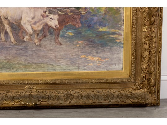 Henry Singlewood Bisbing (American, 1849 - 1933) Ox Cart Landscape Original Oil Painting C. 1880