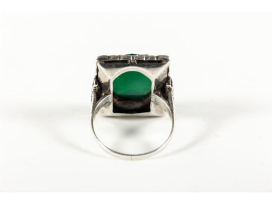 Sterling Silver Green Onyx And Marcasite Ring (Size 6)