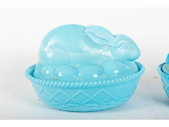 Vintage Nesting Eagle & Rabbit Blue Milk Glass Dishes