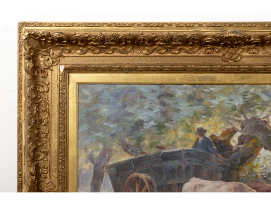 Henry Singlewood Bisbing (American, 1849 - 1933) Ox Cart Landscape Original Oil Painting C. 1880