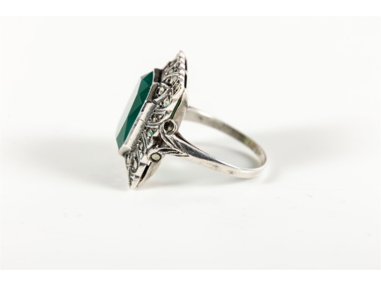 Sterling Silver Green Onyx And Marcasite Ring (Size 6)