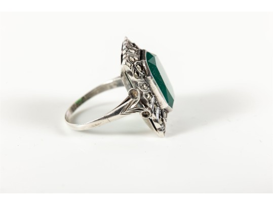 Sterling Silver Green Onyx And Marcasite Ring (Size 6)