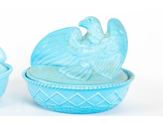 Vintage Nesting Eagle & Rabbit Blue Milk Glass Dishes