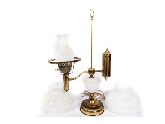 White Hobnail Depression Glass Student Lamp And Shades