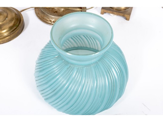 Vintage Electric Student Lamps, One With A Blue Glass Shade