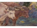 Henry Singlewood Bisbing (American, 1849 - 1933) Ox Cart Landscape Original Oil Painting C. 1880