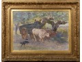 Henry Singlewood Bisbing (American, 1849 - 1933) Ox Cart Landscape Original Oil Painting C. 1880
