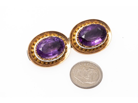 14k Yellow Gold Topped Pretty Antique Double Amethyst And Enamel Brooch