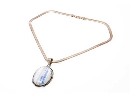 Pale Blue To White Banded Agate Sterling Pendant Necklace