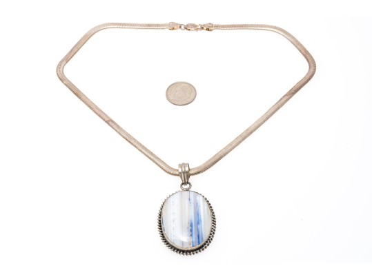 Pale Blue To White Banded Agate Sterling Pendant Necklace