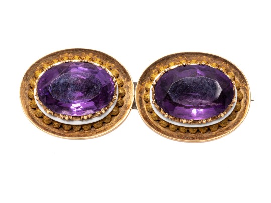 14k Yellow Gold Topped Pretty Antique Double Amethyst And Enamel Brooch