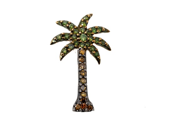Charming 14K White Gold Green And Brown Diamond Palm Tree Pendant