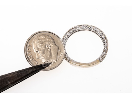 Engraved 18K White Gold And Diamond Set Band Ring, Size 6.75