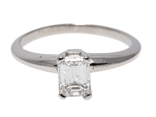 Contemporary 14K White Gold Emerald Cut Diamond Ring, Size 5.75