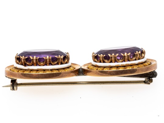14k Yellow Gold Topped Pretty Antique Double Amethyst And Enamel Brooch