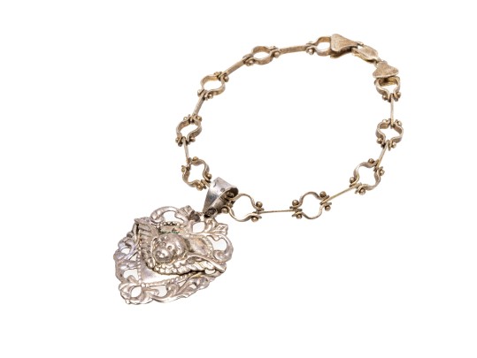 Sterling Silver Interesting Bar And Circle Bracelet With A Heart And Cherub Charm