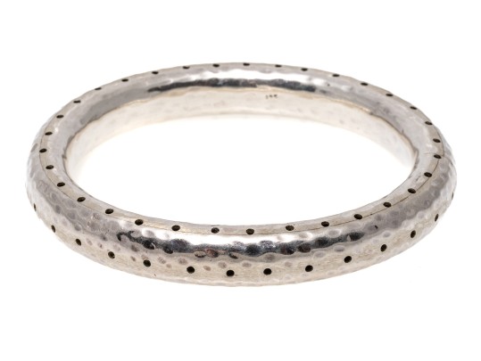 Sterling Silver Impactful Hammered And Perforated Patterned Slip On Bangle Bracelet