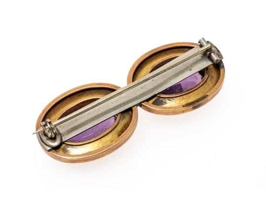 14k Yellow Gold Topped Pretty Antique Double Amethyst And Enamel Brooch