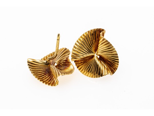Opposing Pair Of 18K Ribbed Fan Style Earrings