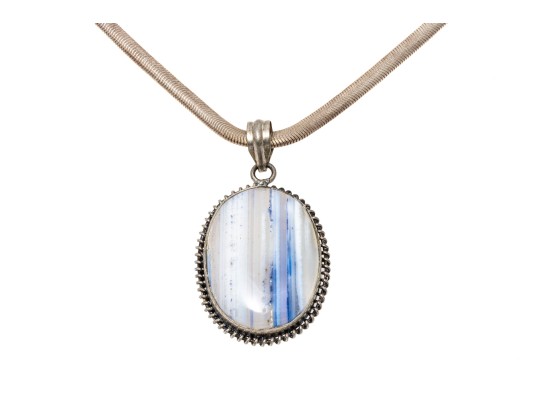 Pale Blue To White Banded Agate Sterling Pendant Necklace