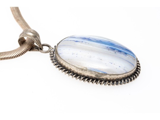 Pale Blue To White Banded Agate Sterling Pendant Necklace